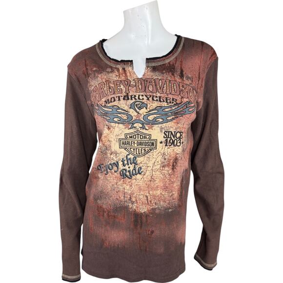 Harley-Davidson Aces & Eights Shirt XL Brown Long Sleeve Distressed Cotton - Picture 1 of 14
